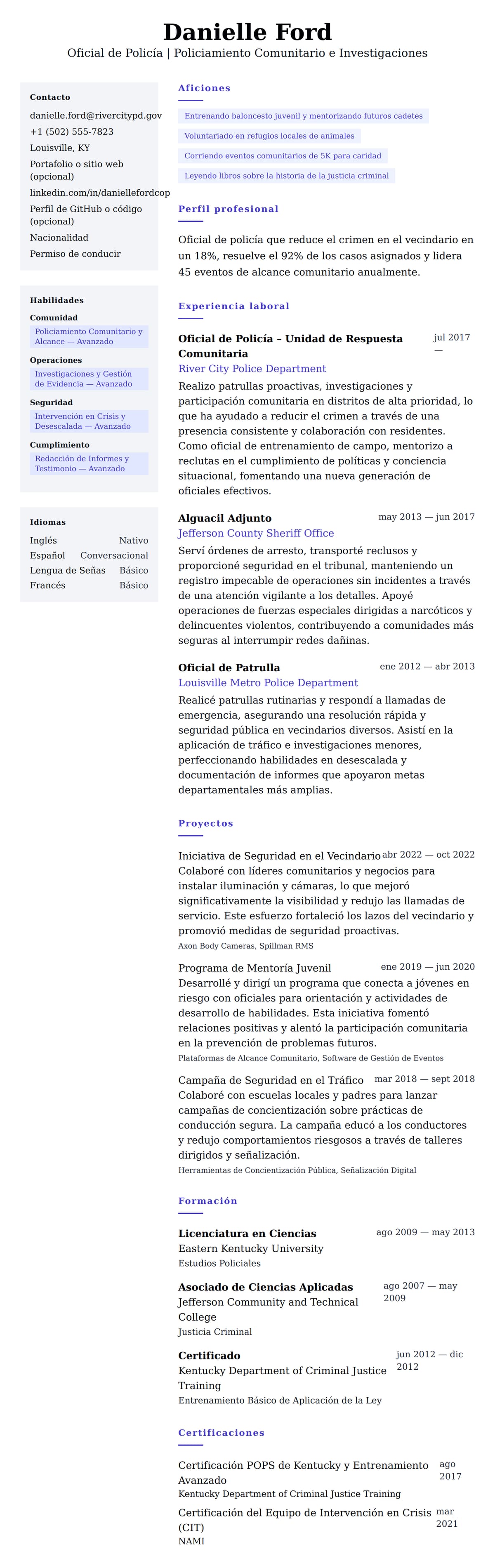 Vista previa del currículum Ejemplo de Currículum de Oficial de Policía