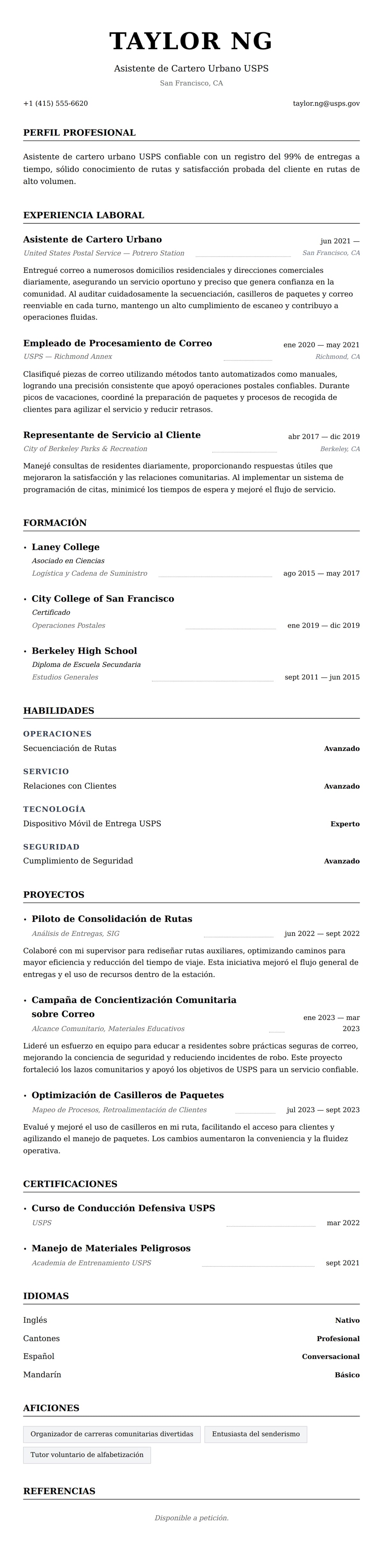 Vista previa del currículum Ejemplo de Currículum de Trabajador del Servicio Postal