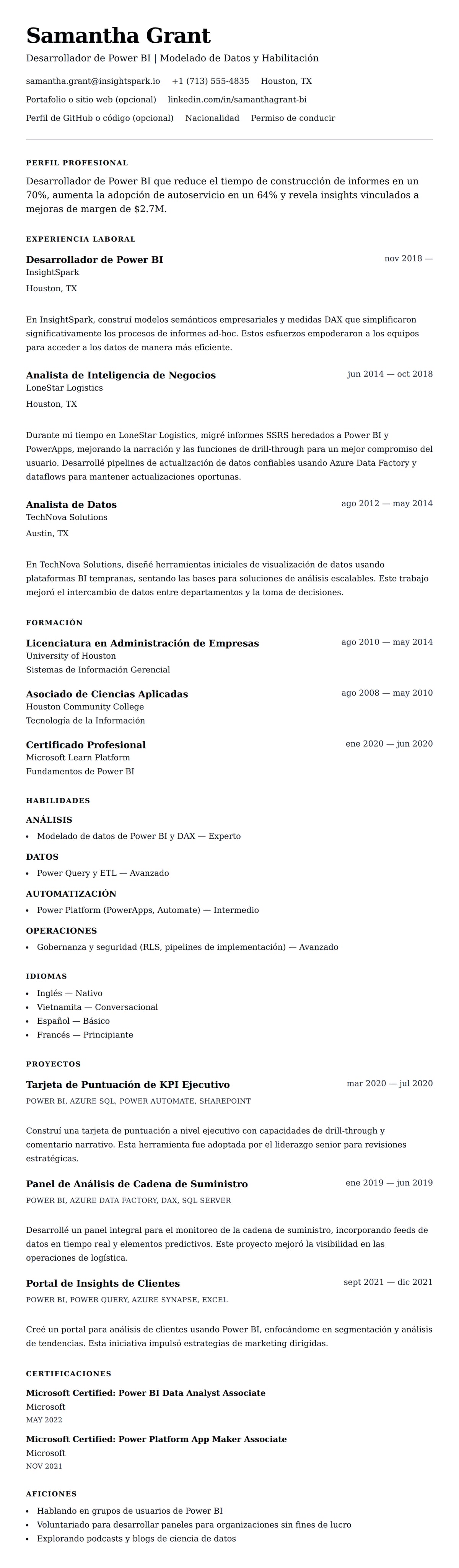 Vista previa del currículum Ejemplo de Currículum de Desarrollador de Power BI