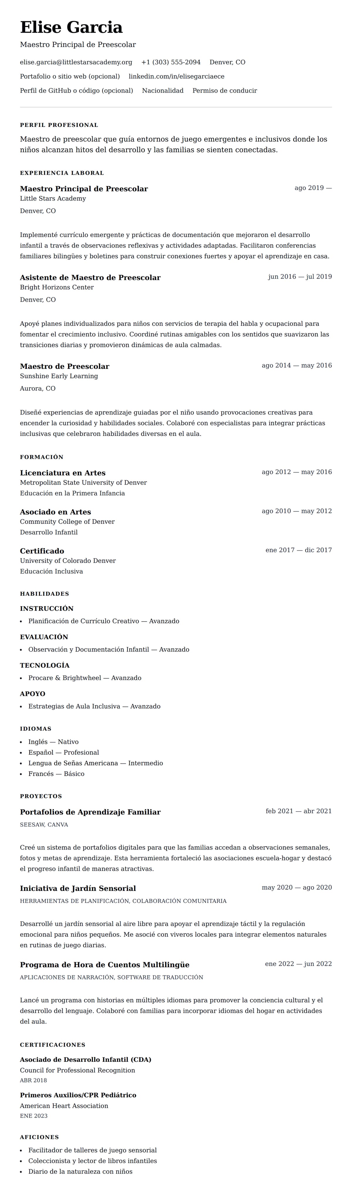 Vista previa del currículum Ejemplo de Currículum de Maestro de Preescolar