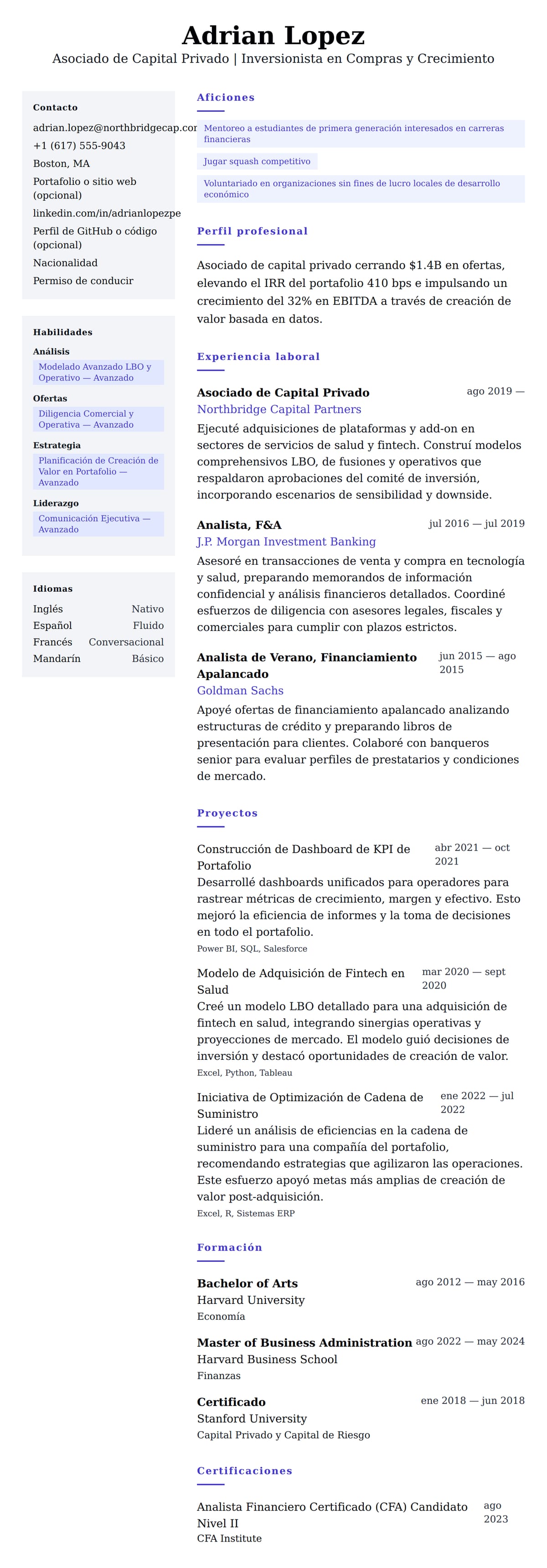 Vista previa del currículum Ejemplo de Currículum de Asociado de Capital Privado