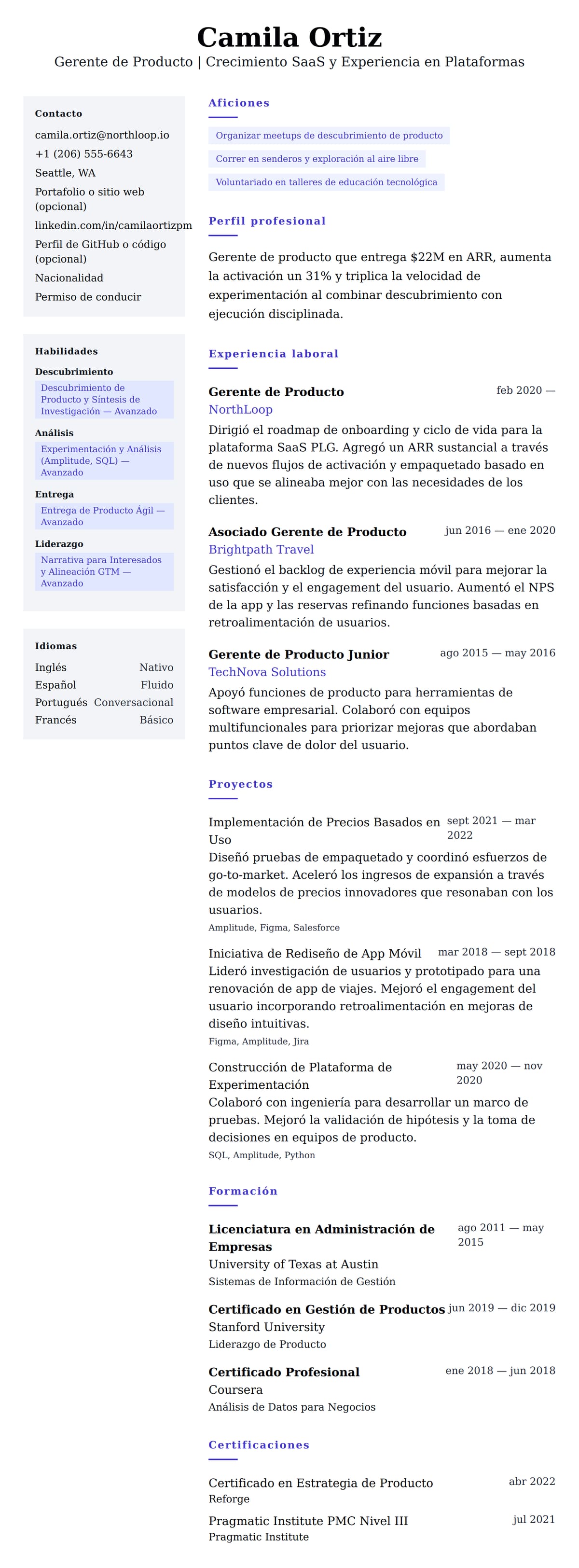 Vista previa del currículum Ejemplo de Currículum de Gerente de Producto