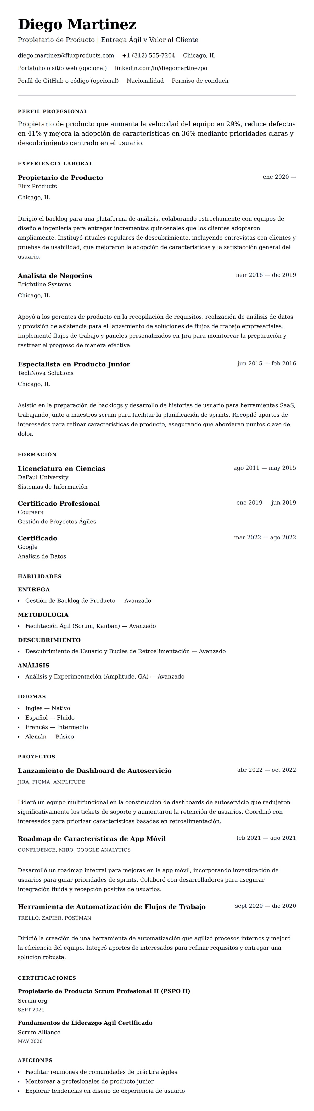 Vista previa del currículum Ejemplo de Currículum de Propietario de Producto