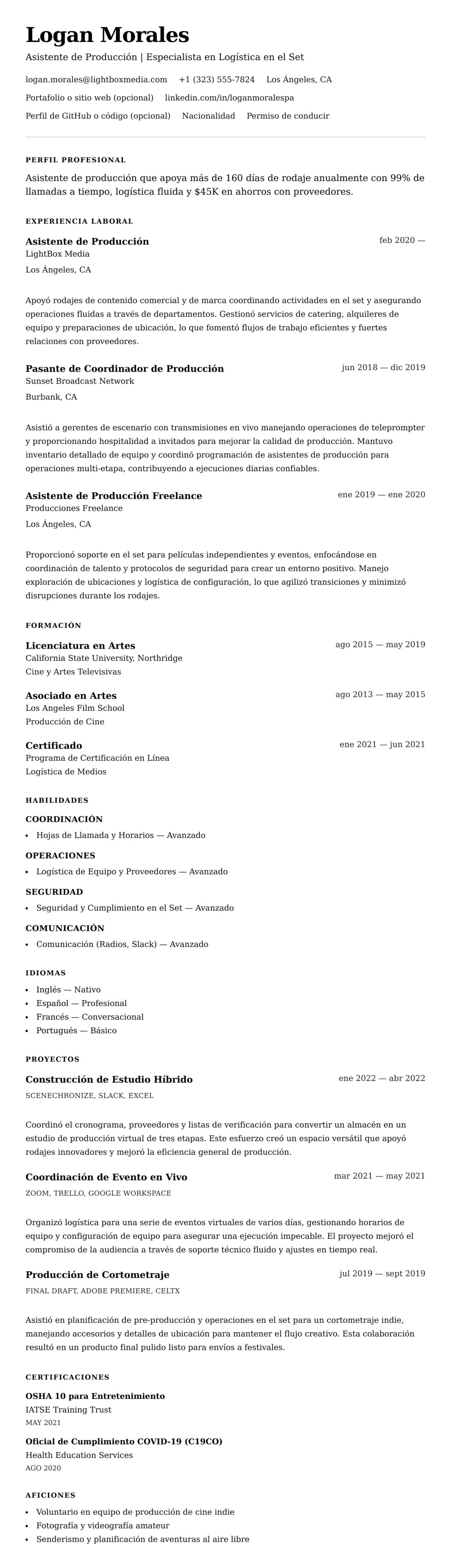 Vista previa del currículum Ejemplo de Currículum de Asistente de Producción