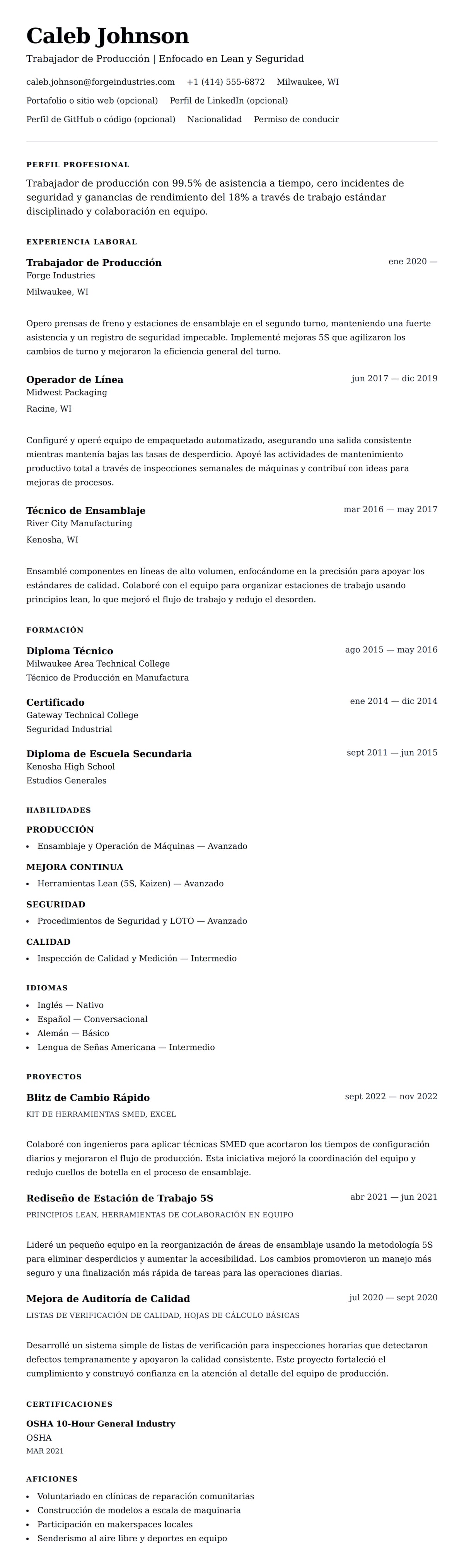 Vista previa del currículum Ejemplo de Currículum de Trabajador de Producción