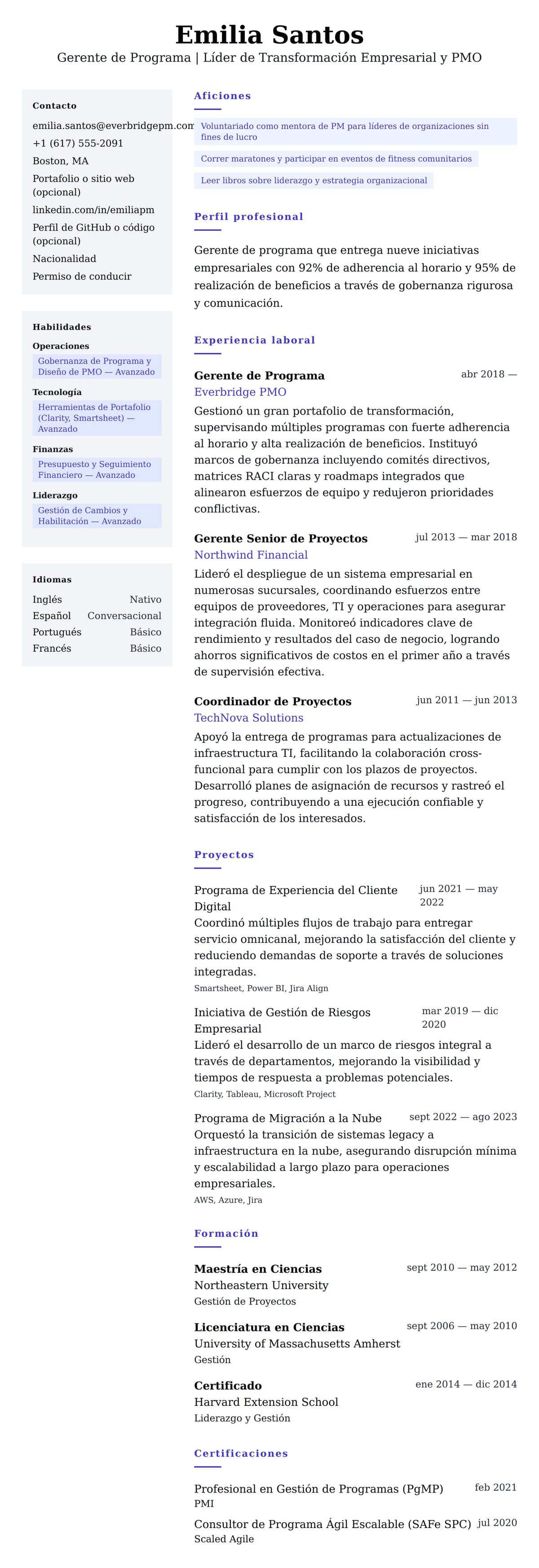Vista previa del currículum Ejemplo de Currículum de Gerente de Programa