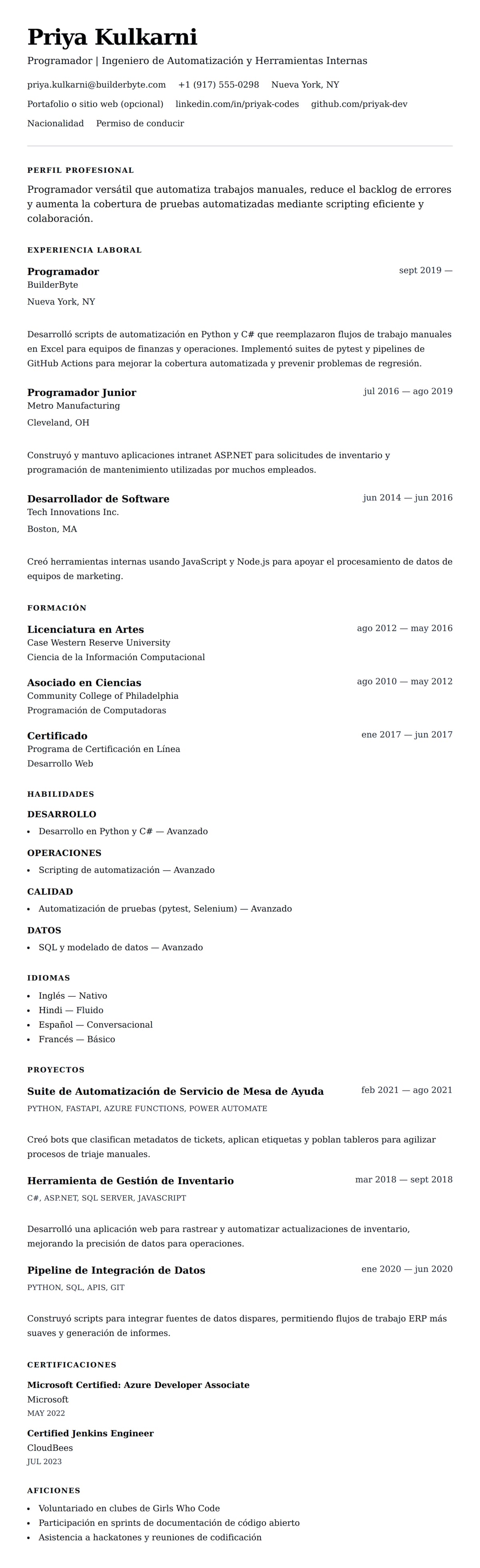 Vista previa del currículum Ejemplo de Currículum de Programador