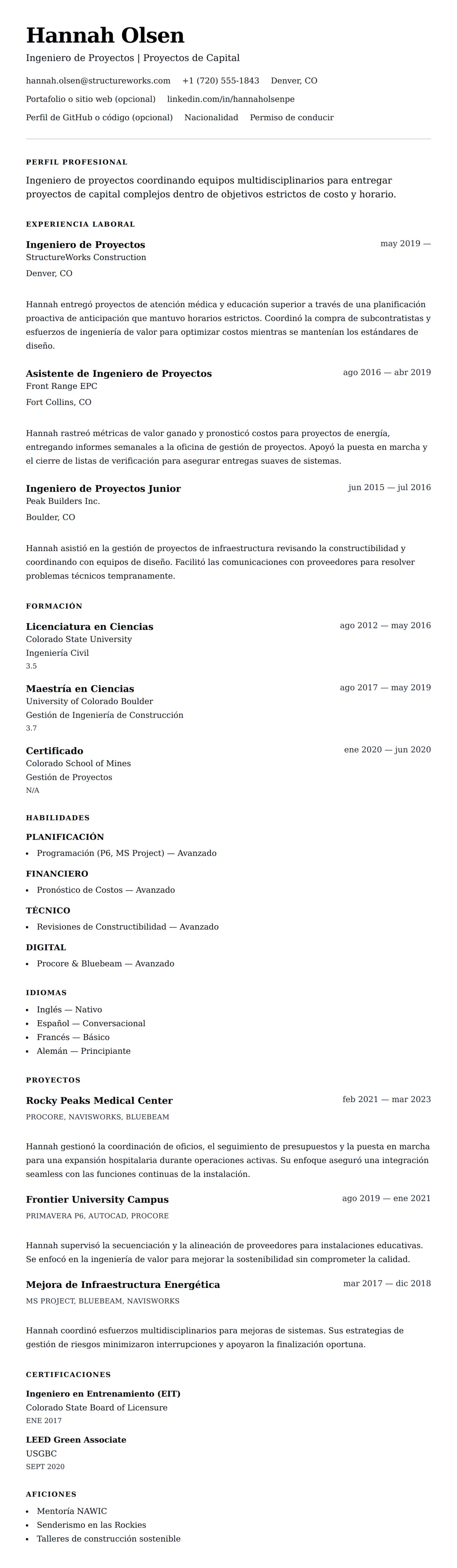 Vista previa del currículum Ejemplo de Currículum de Ingeniero de Proyectos