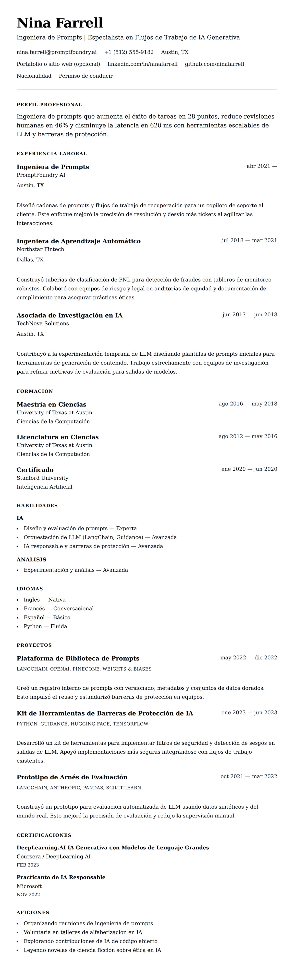 Vista previa del currículum Ejemplo de Currículum de Ingeniero de Prompts