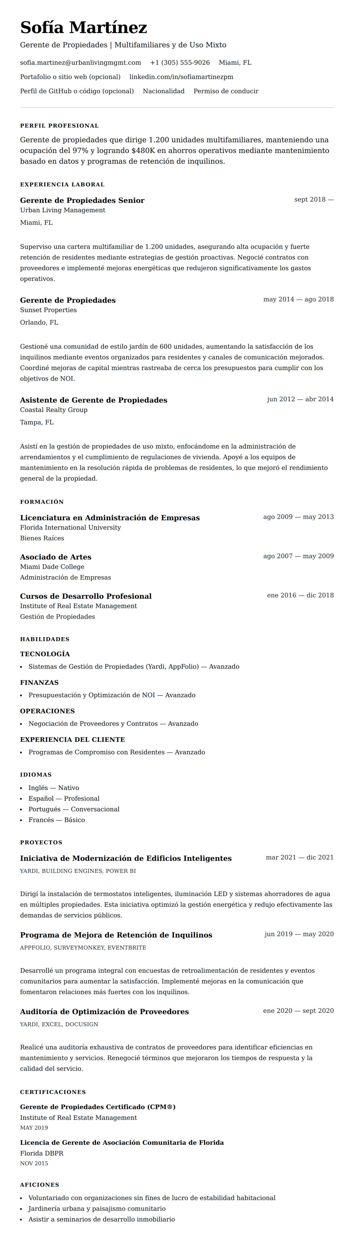 Vista previa del currículum Ejemplo de Currículum de Gerente de Propiedades