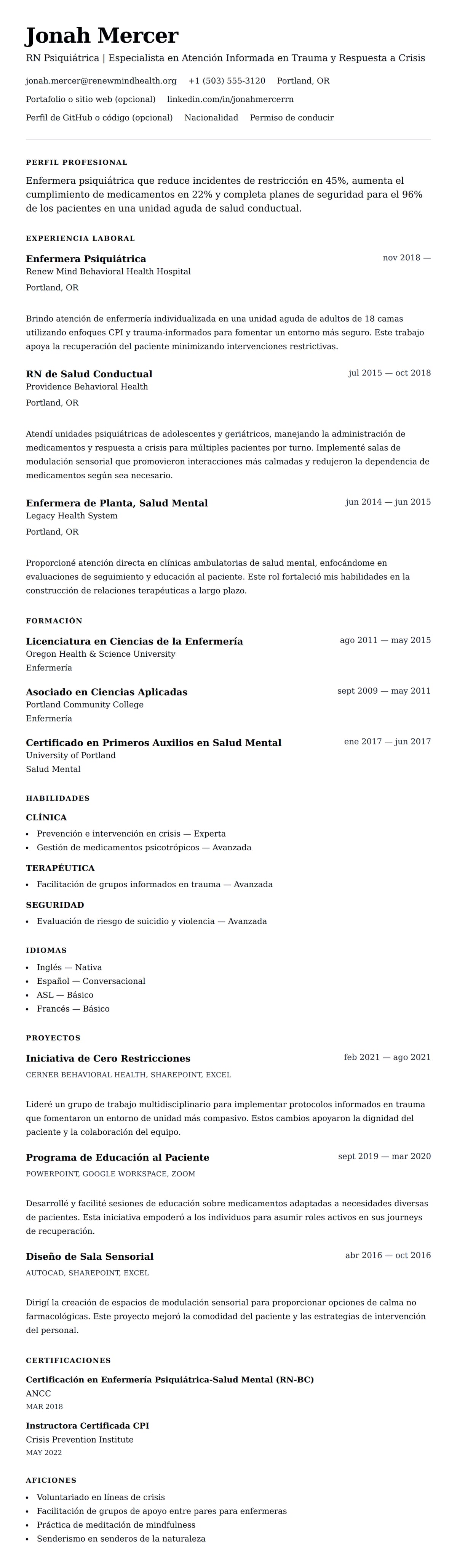 Vista previa del currículum Ejemplo de Currículum de Enfermera Psiquiátrica