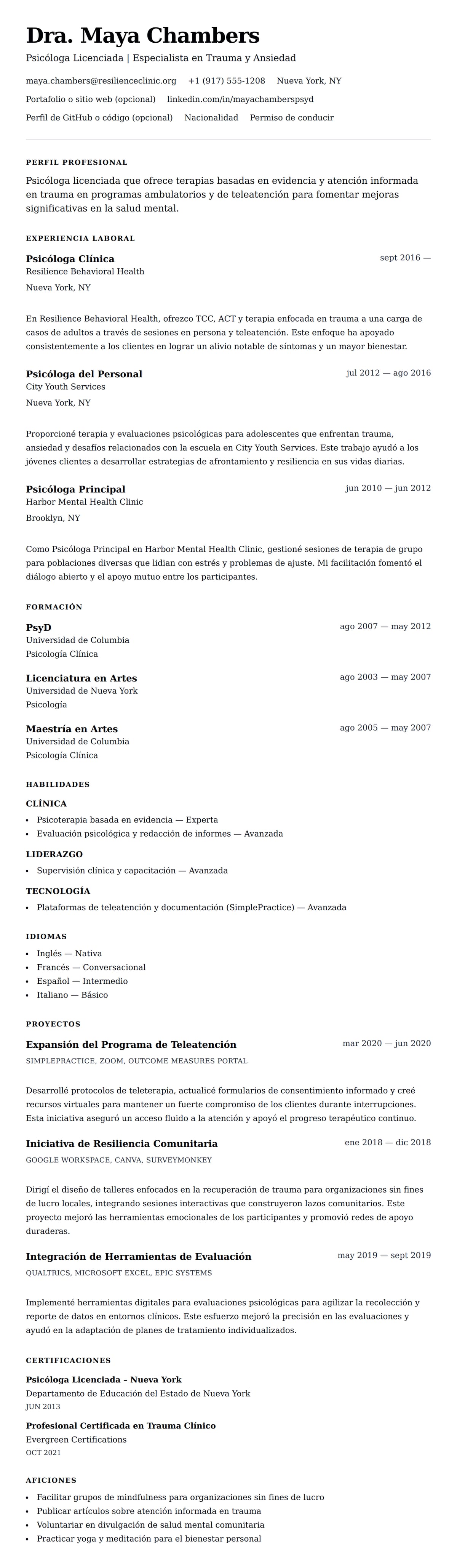 Vista previa del currículum Ejemplo de Currículum de Psicólogo