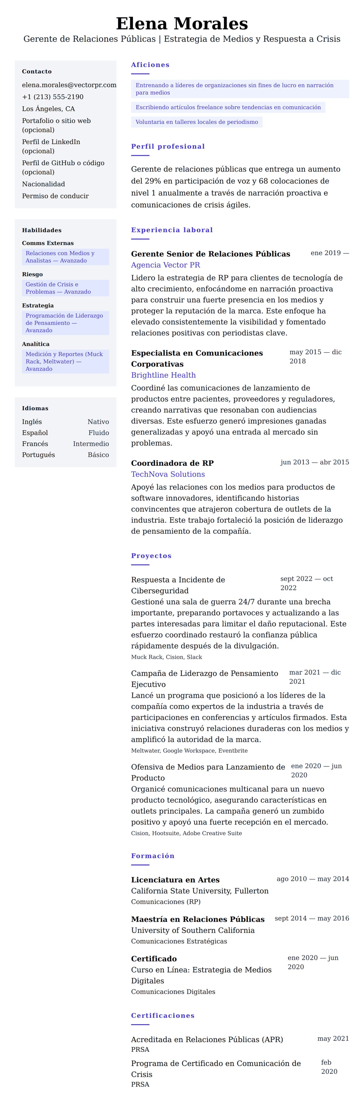 Vista previa del currículum Ejemplo de Currículum de Gerente de Relaciones Públicas