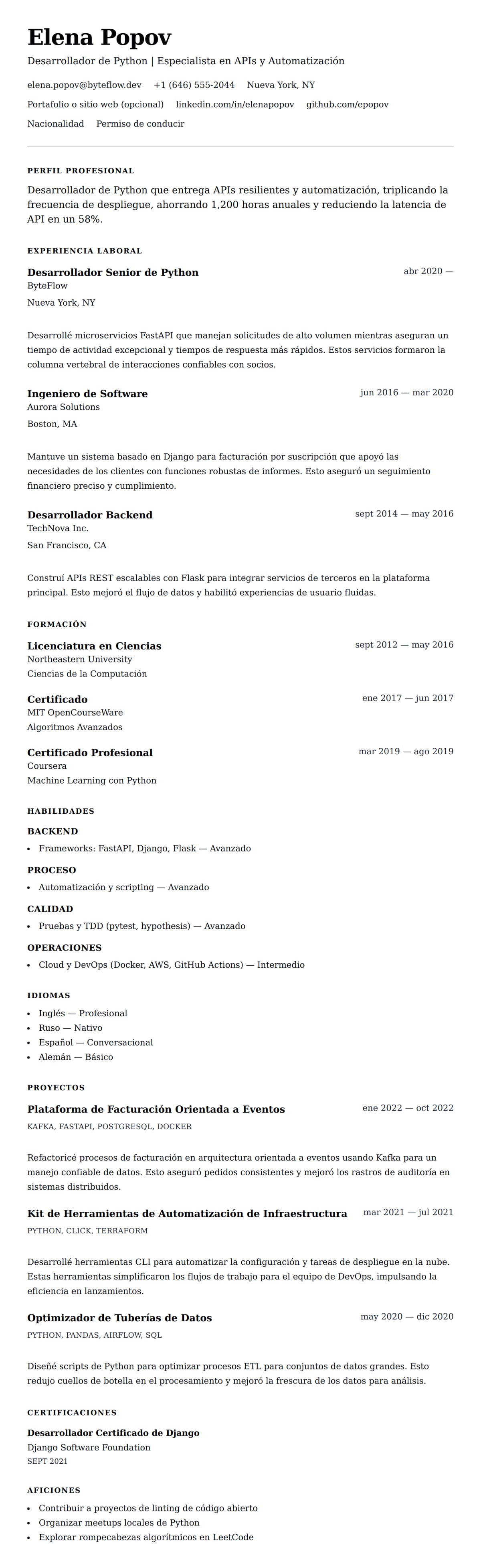 Vista previa del currículum Ejemplo de Currículum de Desarrollador de Python
