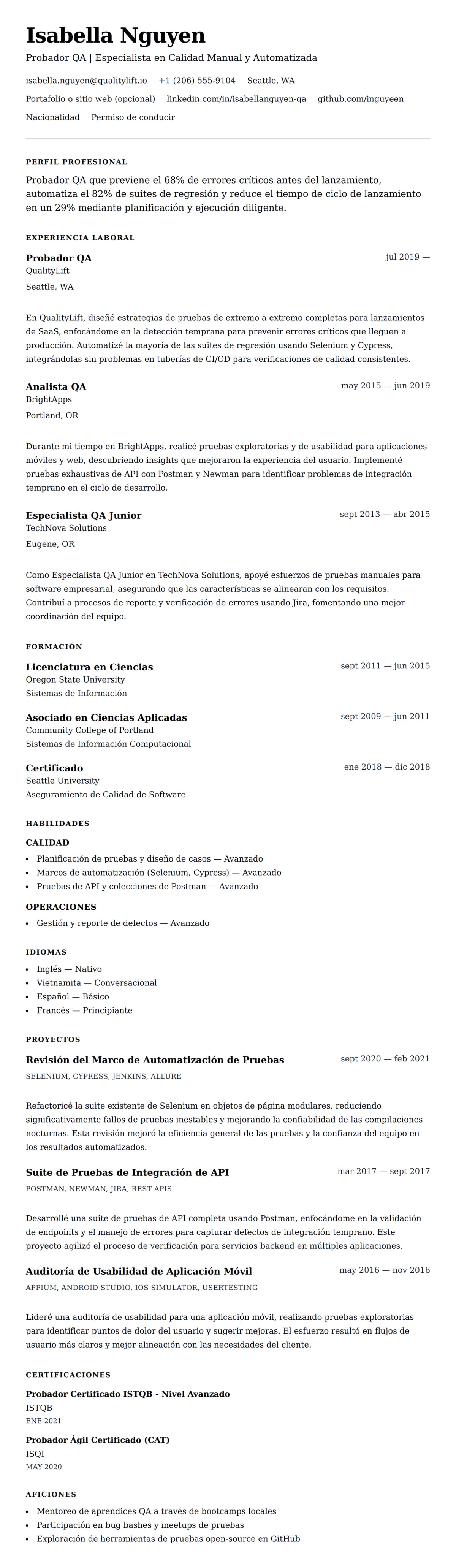 Vista previa del currículum Ejemplo de Currículum de Probador QA