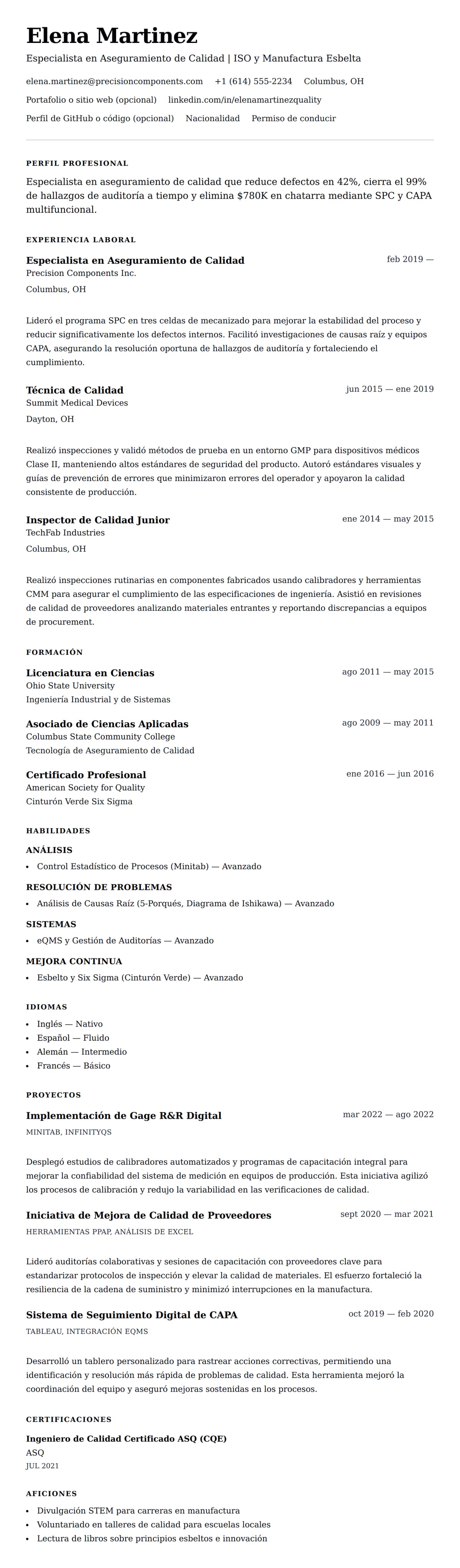 Vista previa del currículum Ejemplo de Currículum de Especialista en Aseguramiento de Calidad