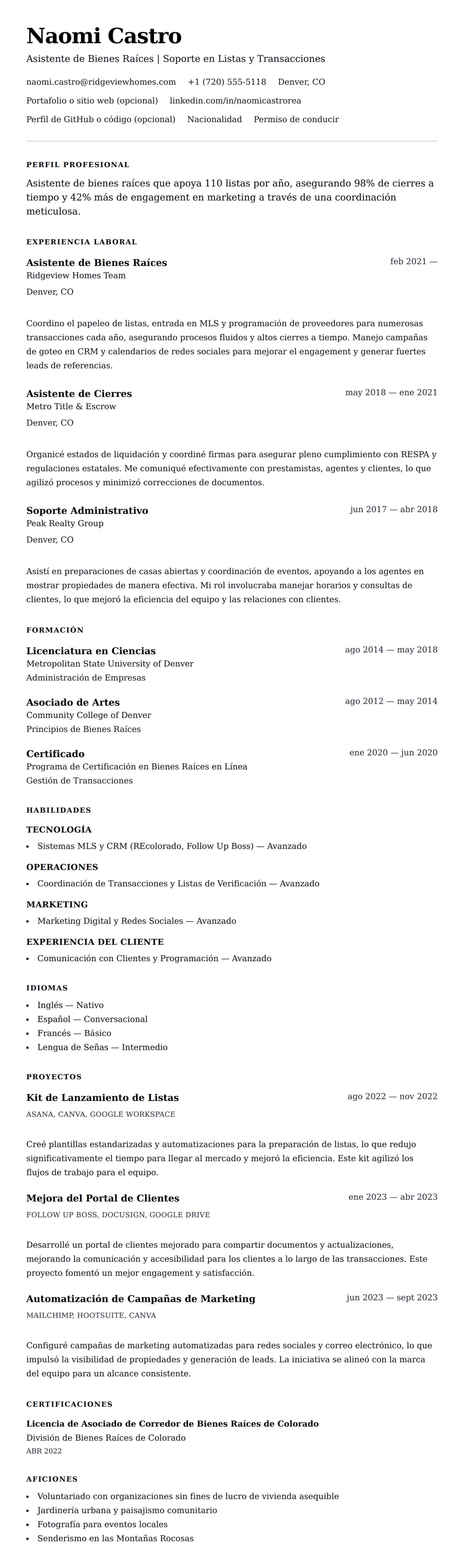 Vista previa del currículum Ejemplo de Currículum de Asistente de Bienes Raíces