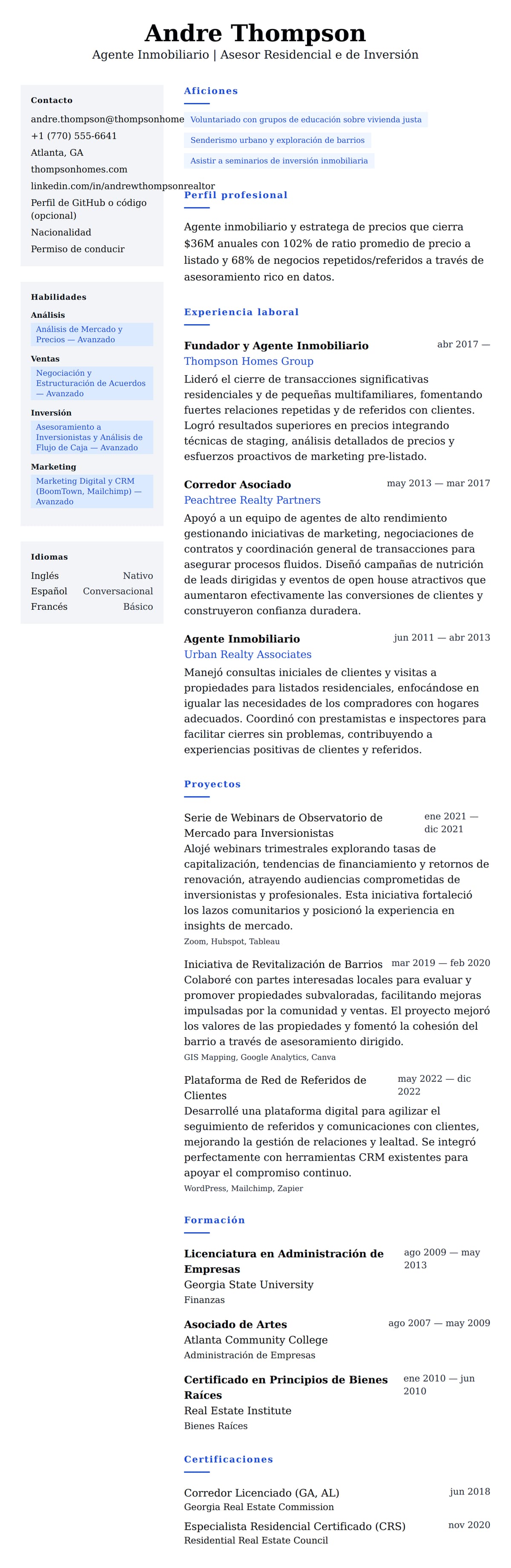 Vista previa del currículum Ejemplo de Currículum de Agente Inmobiliario