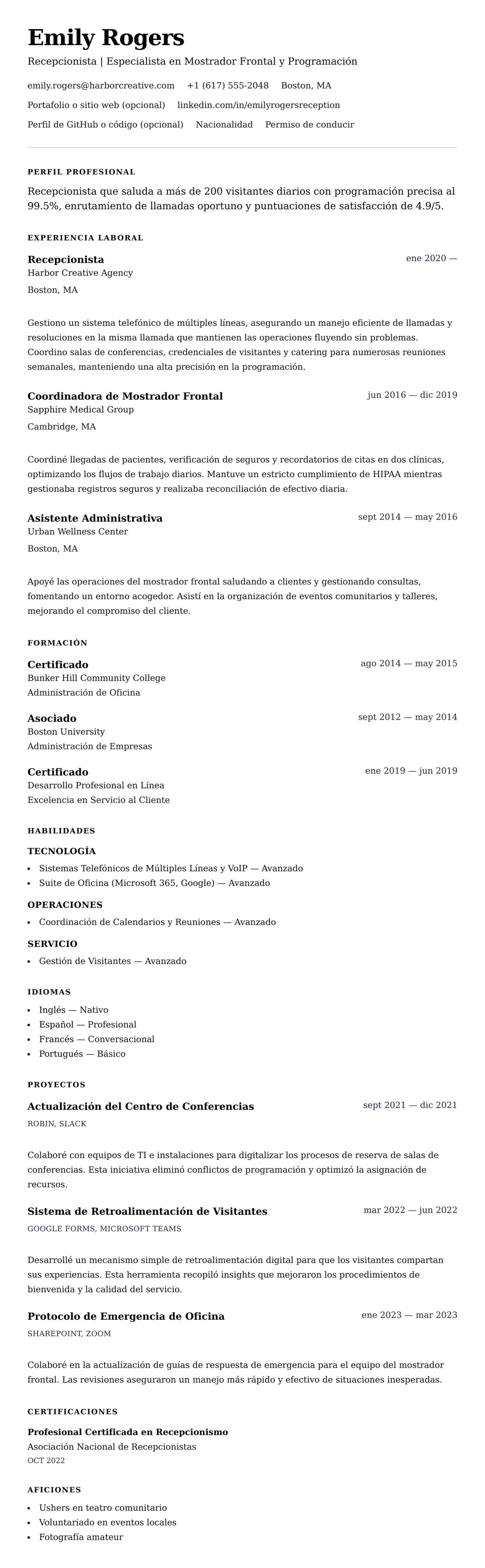 Vista previa del currículum Ejemplo de Currículum de Recepcionista