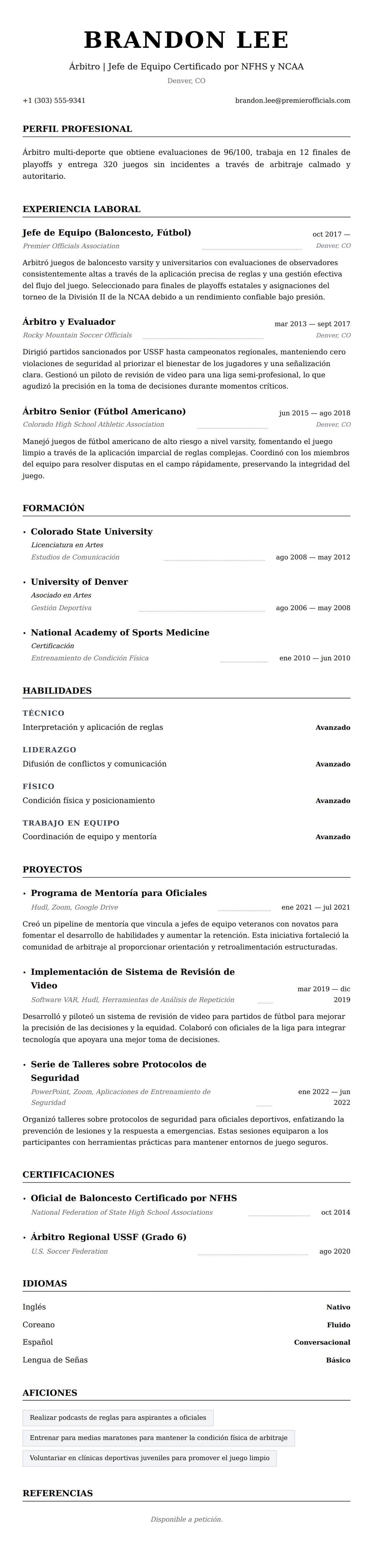 Vista previa del currículum Ejemplo de Currículum de Árbitro