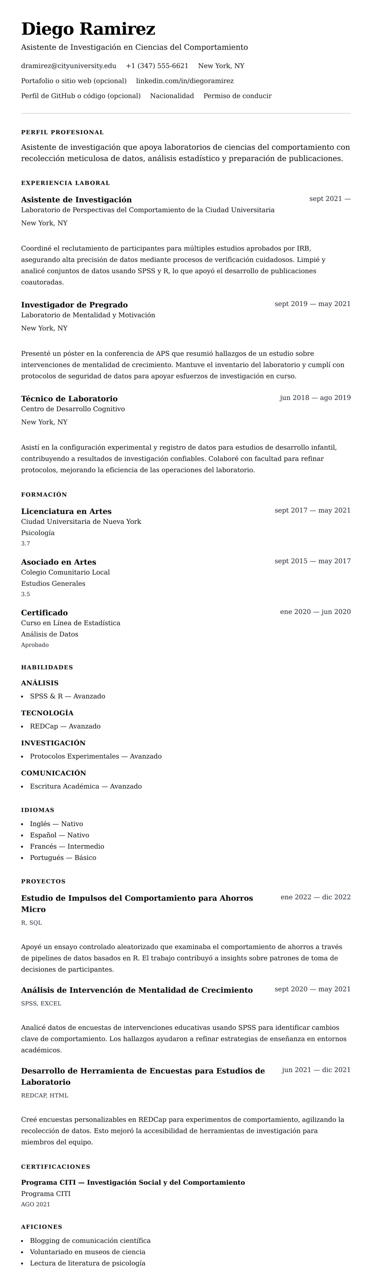 Vista previa del currículum Ejemplo de Currículum de Asistente de Investigación