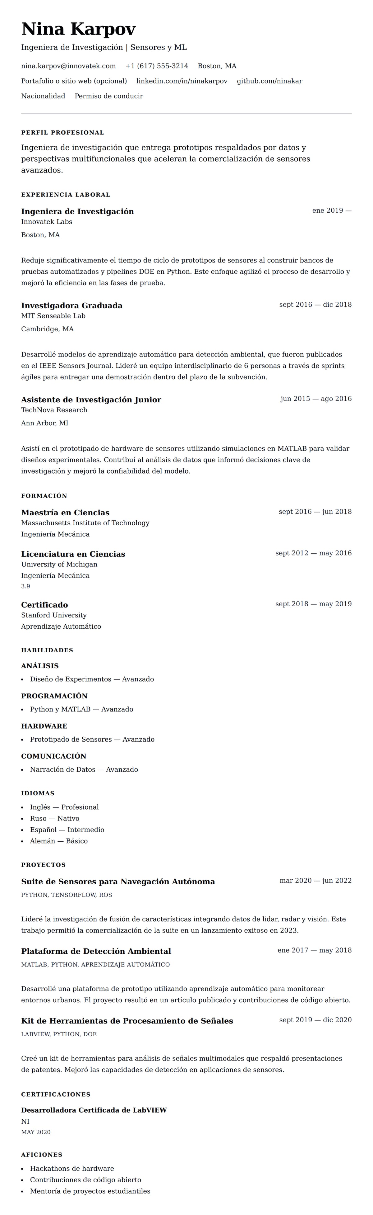 Vista previa del currículum Ejemplo de Currículum de Ingeniero de Investigación