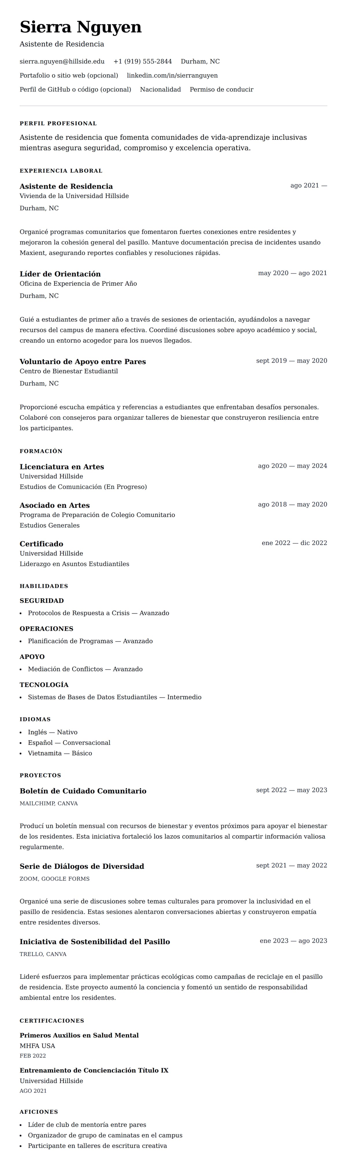 Vista previa del currículum Ejemplo de Currículum de Asistente de Residencia