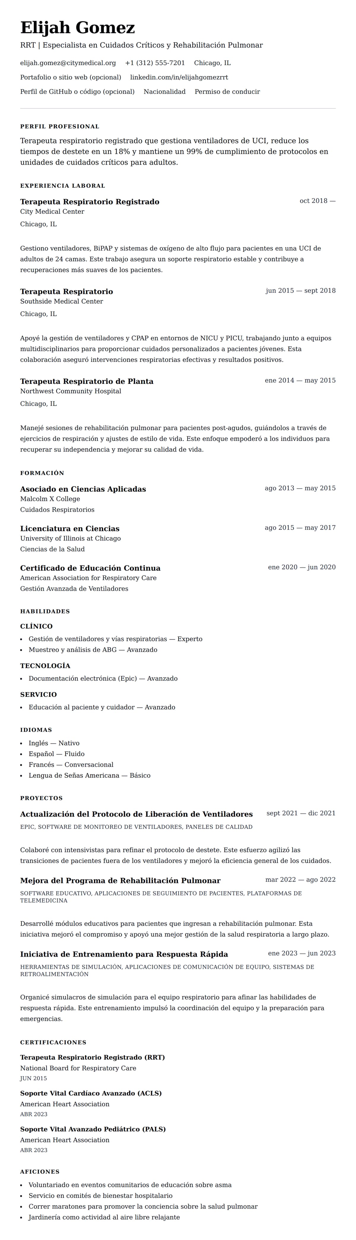 Vista previa del currículum Ejemplo de Currículum de Terapeuta Respiratorio
