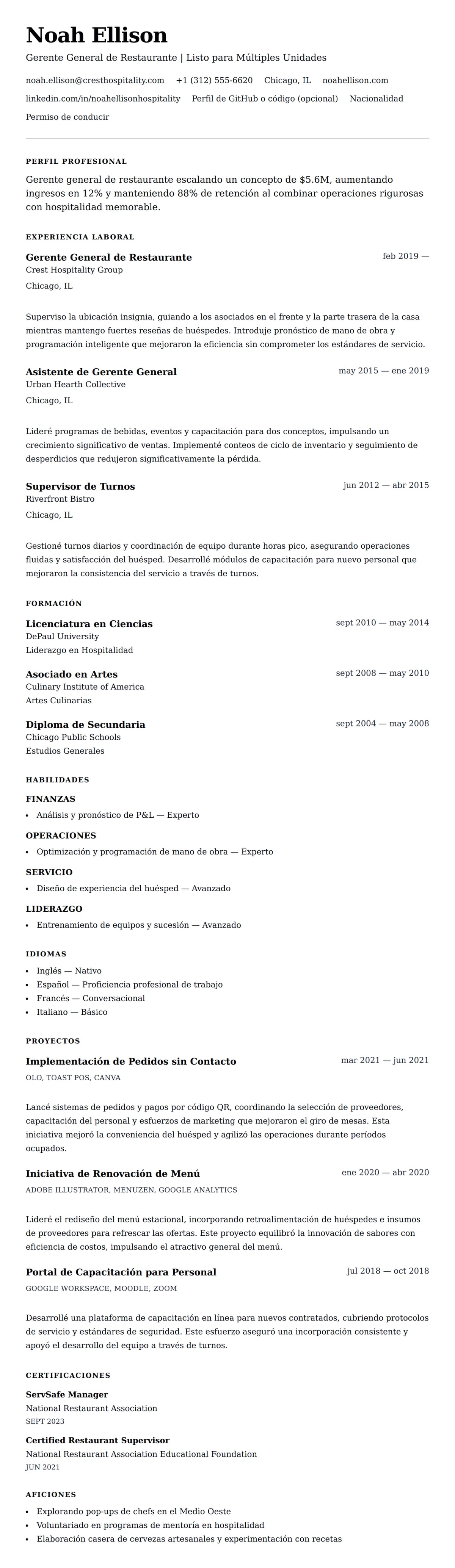 Vista previa del currículum Ejemplo de Currículum de Gerente de Restaurante