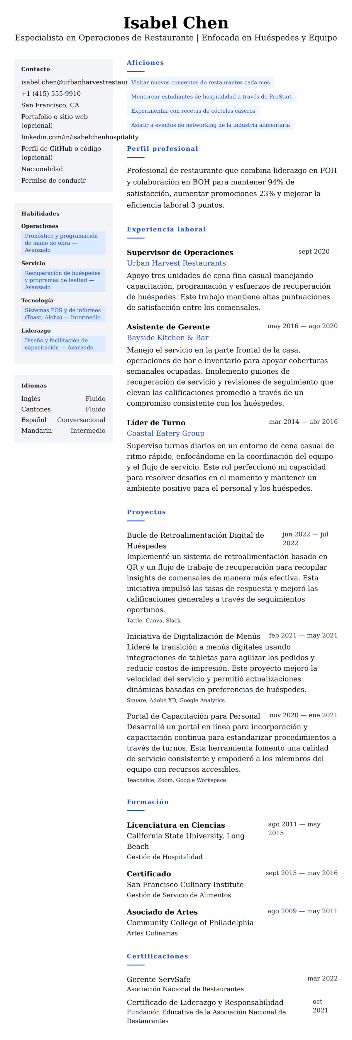 Vista previa del currículum Ejemplo de Currículum de Profesional de Restaurante