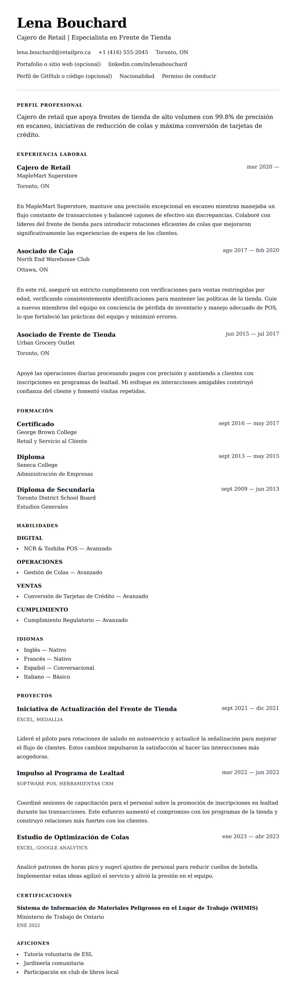 Vista previa del currículum Ejemplo de Currículum de Cajero de Retail