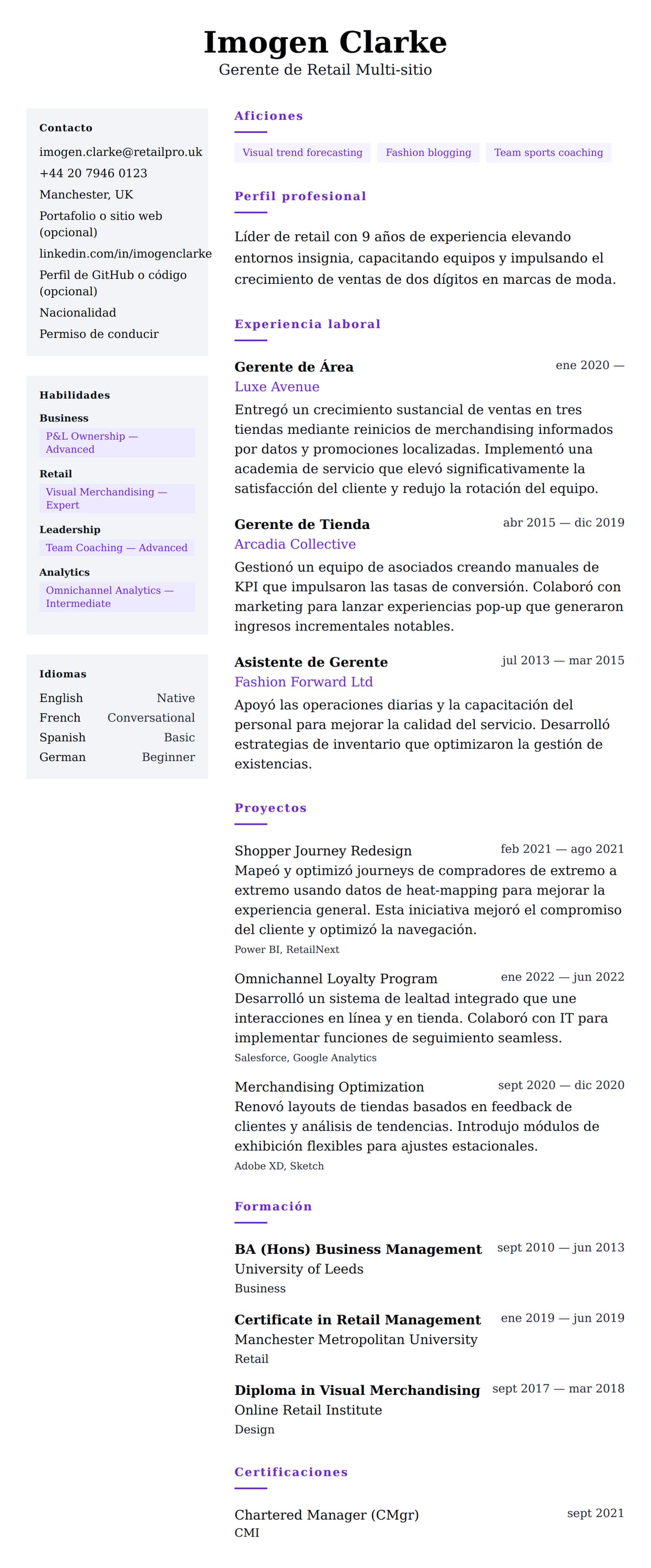 Vista previa del currículum Ejemplo de Currículum de Gerente de Retail