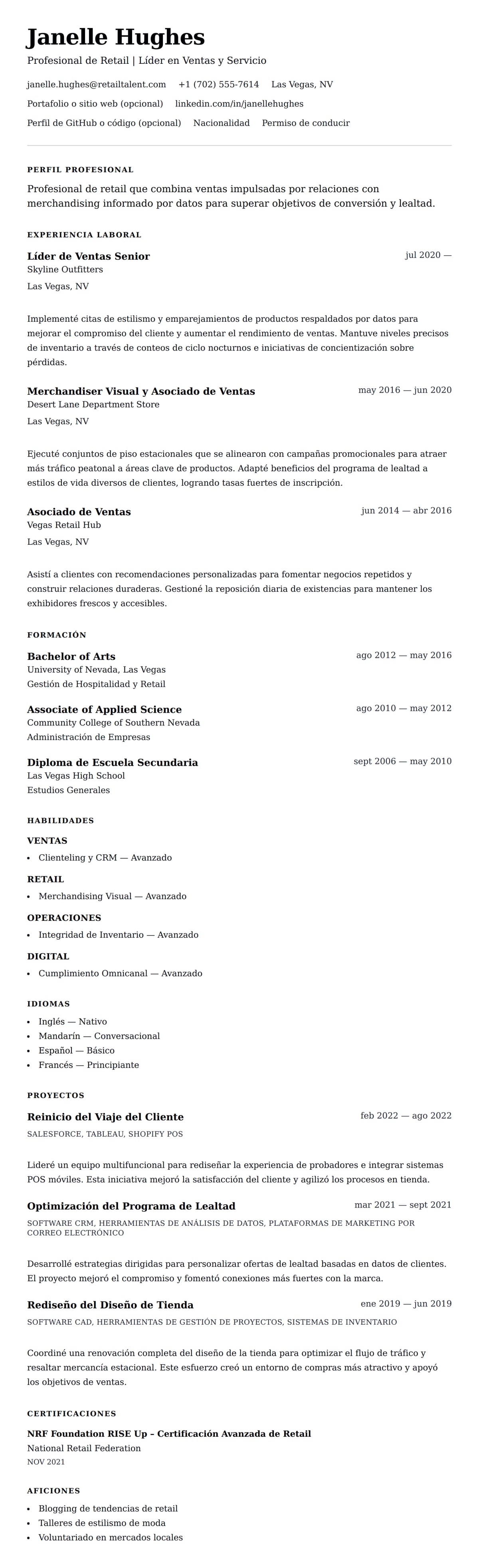 Vista previa del currículum Ejemplo de Currículum de Profesional de Retail