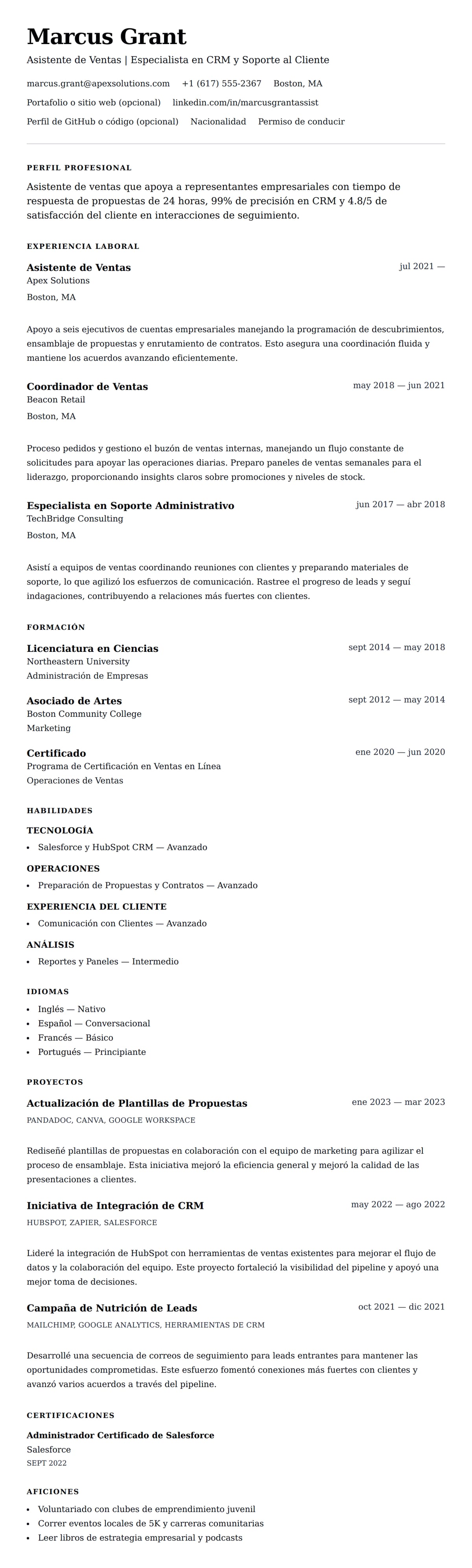 Vista previa del currículum Ejemplo de Currículum de Asistente de Ventas