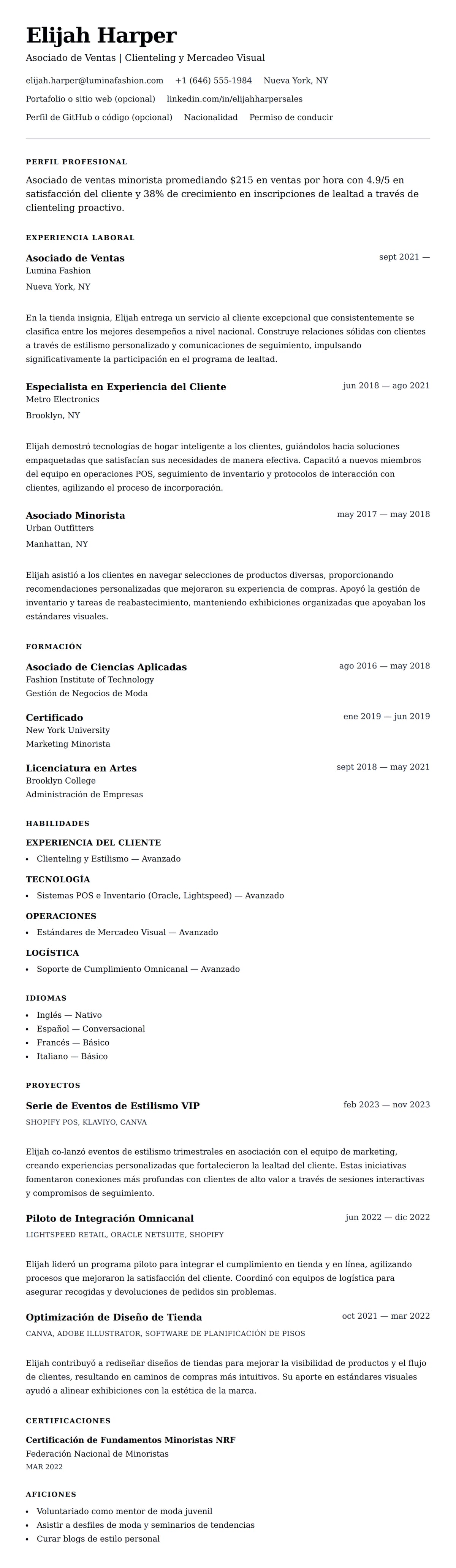 Vista previa del currículum Ejemplo de Currículum de Asociado de Ventas