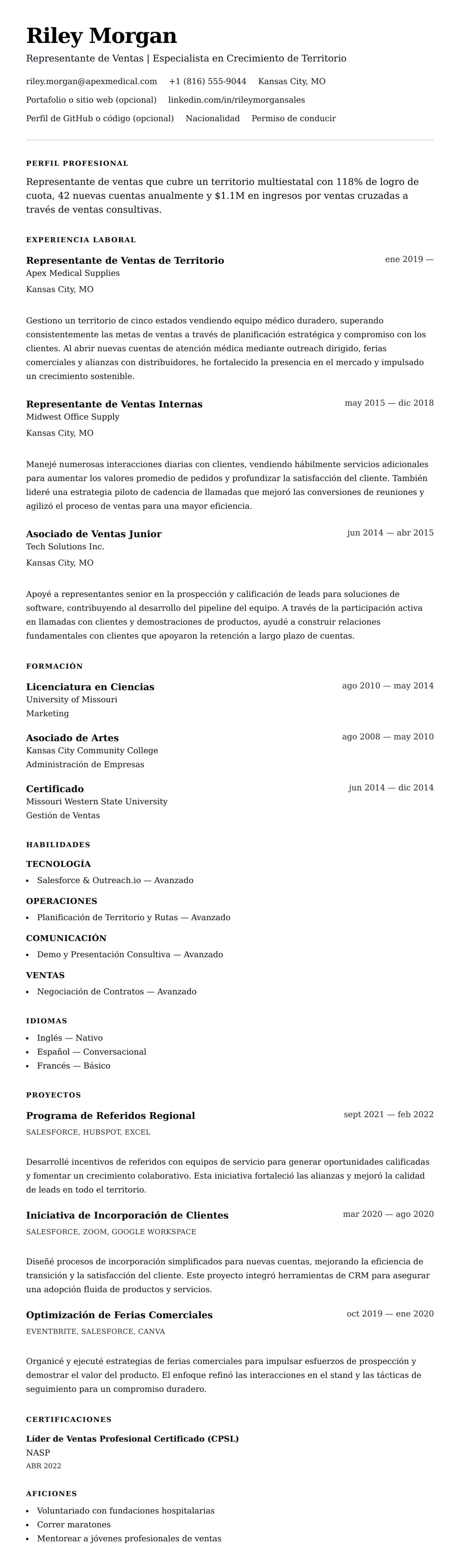 Vista previa del currículum Ejemplo de Currículum de Representante de Ventas
