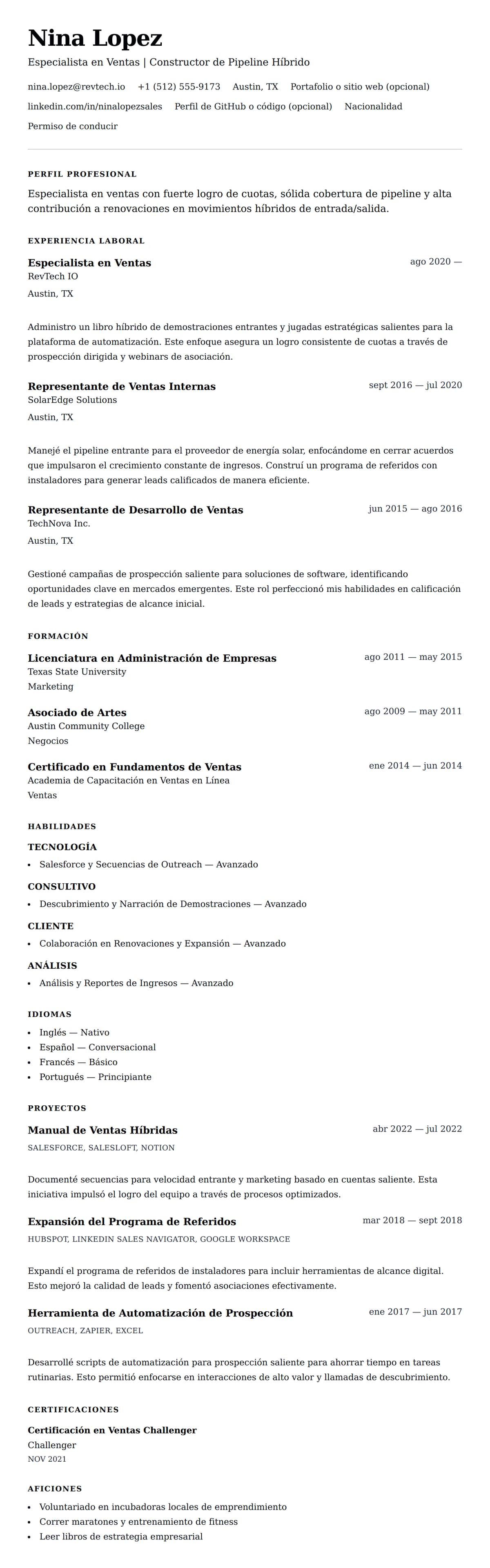 Vista previa del currículum Ejemplo de Currículum de Especialista en Ventas