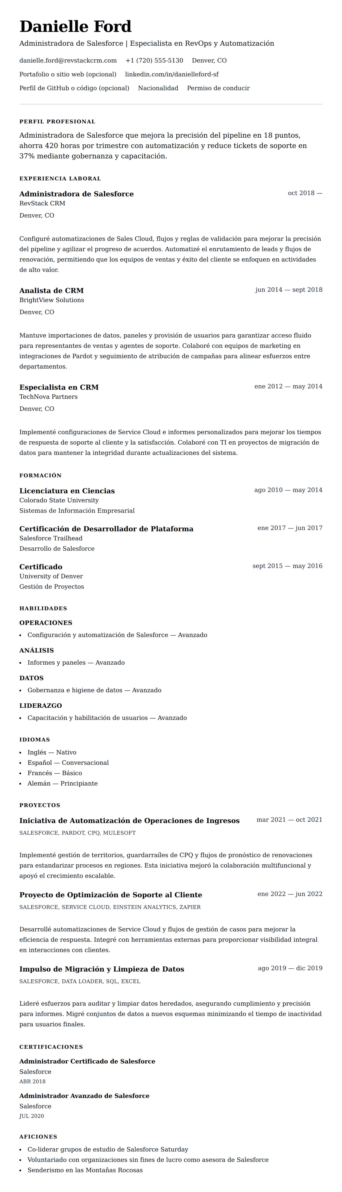 Vista previa del currículum Ejemplo de Currículum de Administrador de Salesforce