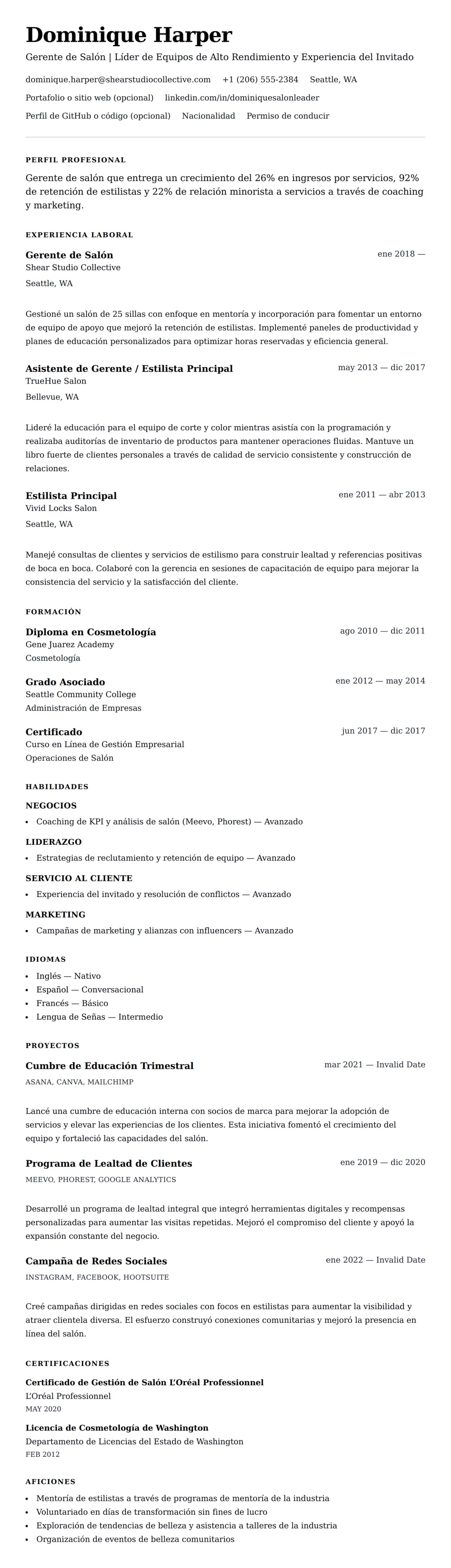 Vista previa del currículum Ejemplo de Currículum de Gerente de Salón