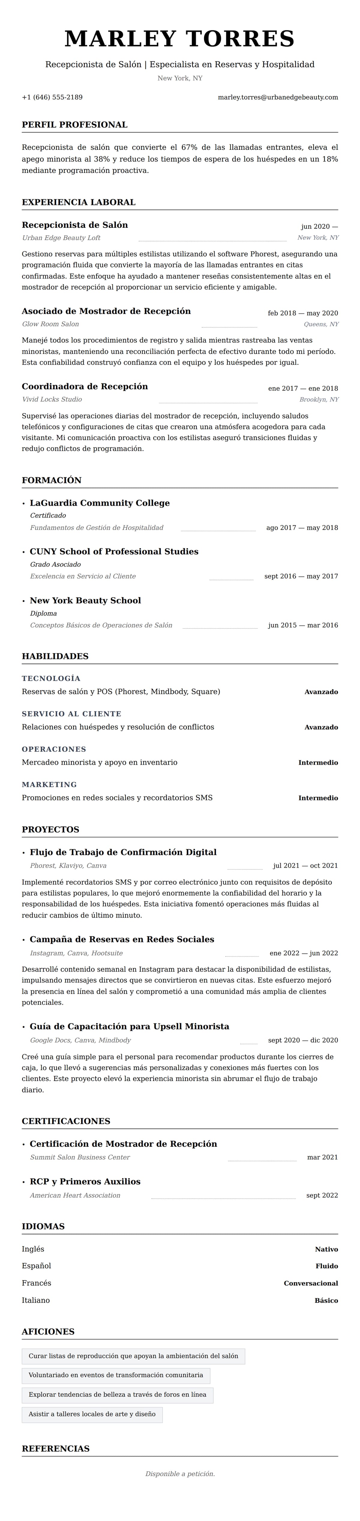 Vista previa del currículum Ejemplo de Currículum de Recepcionista de Salón