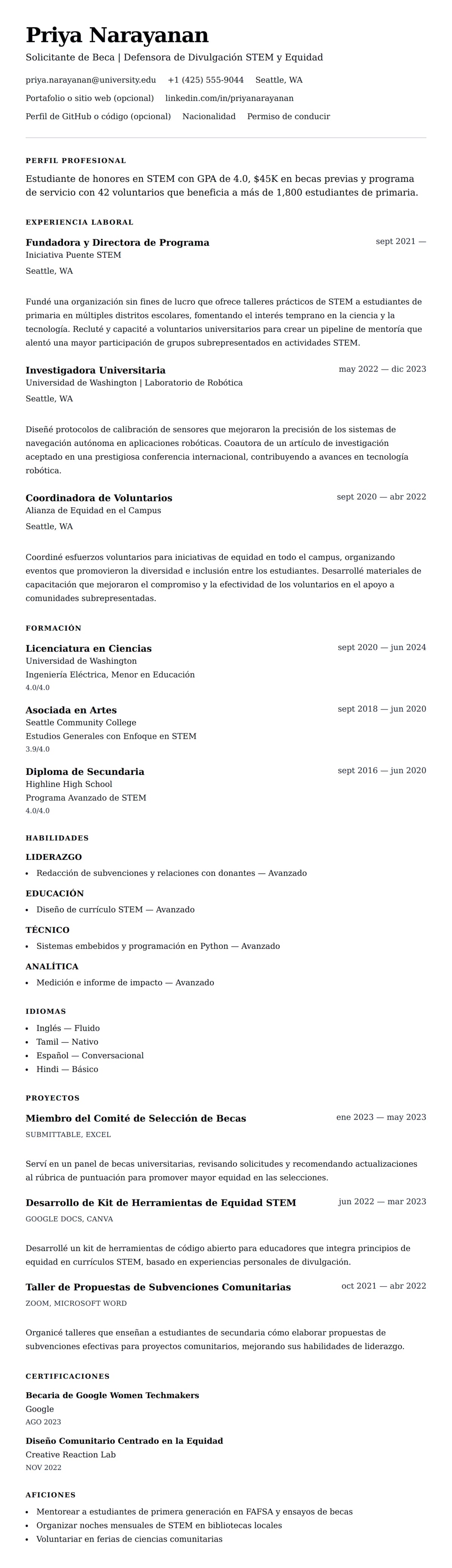 Vista previa del currículum Ejemplo de Currículum para Becas