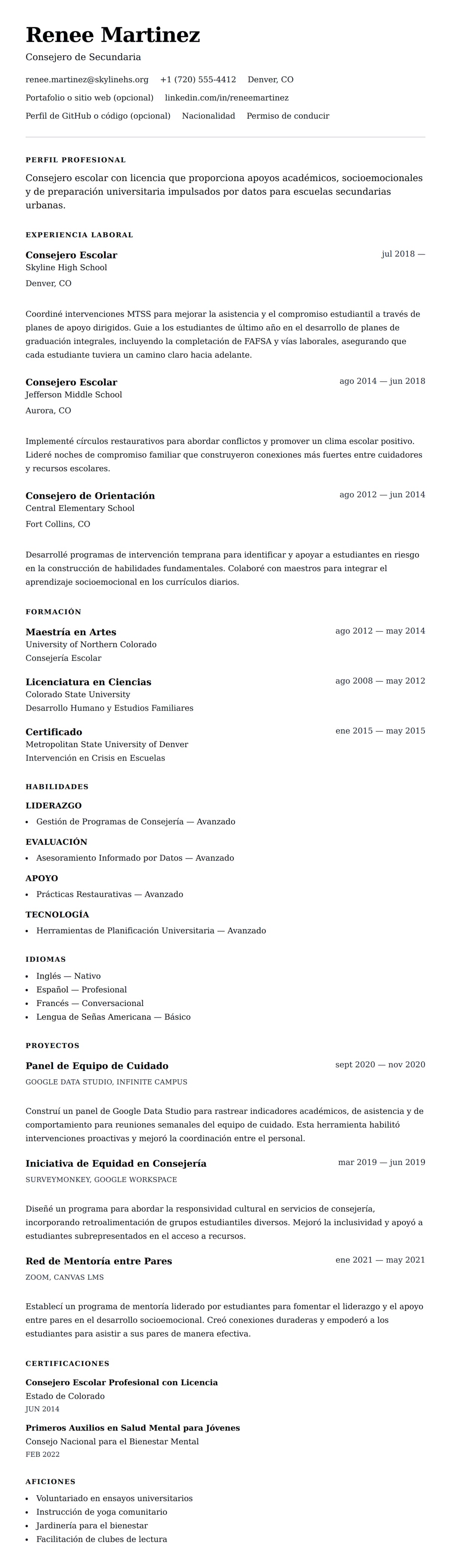 Vista previa del currículum Ejemplo de Currículum de Consejero Escolar