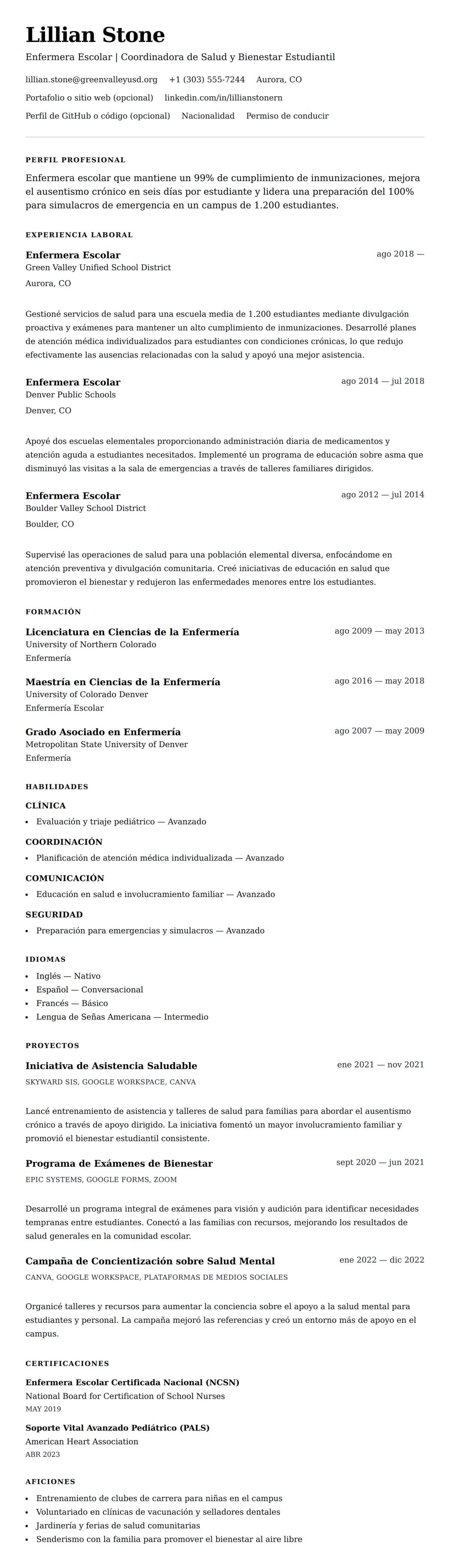 Vista previa del currículum Ejemplo de Currículum de Enfermera Escolar