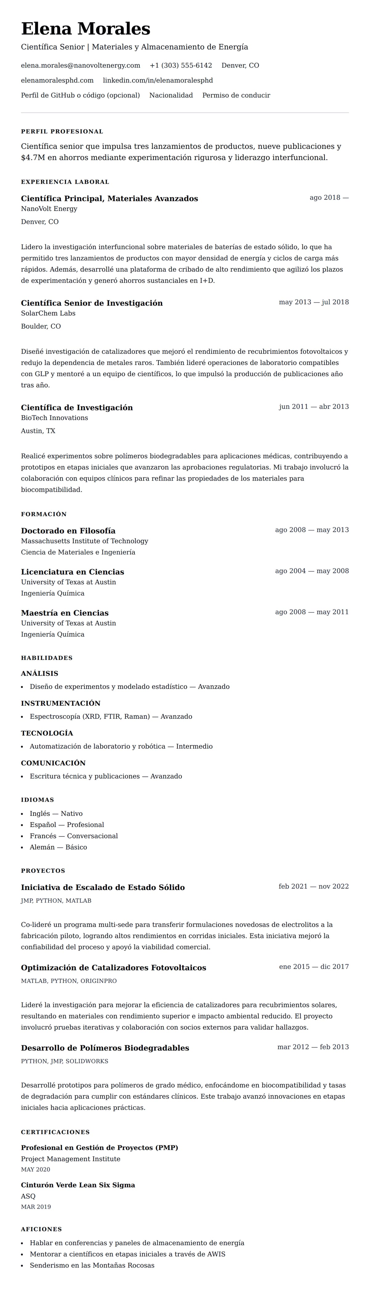 Vista previa del currículum Ejemplo de Currículum de Científico