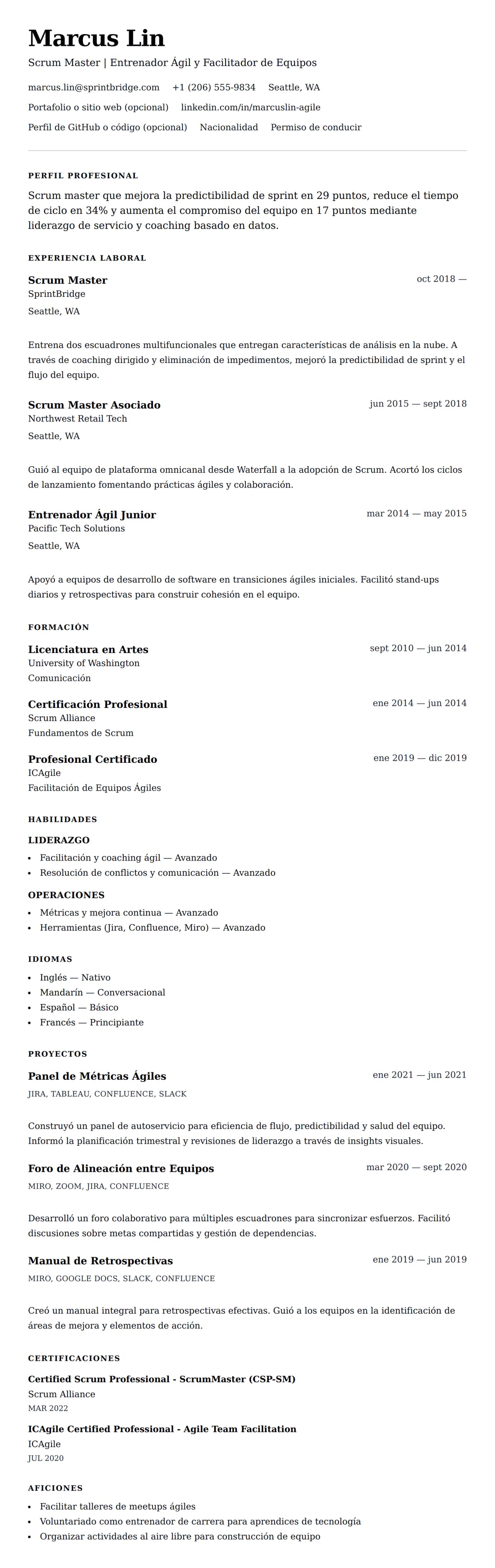 Vista previa del currículum Ejemplo de Currículum de Scrum Master