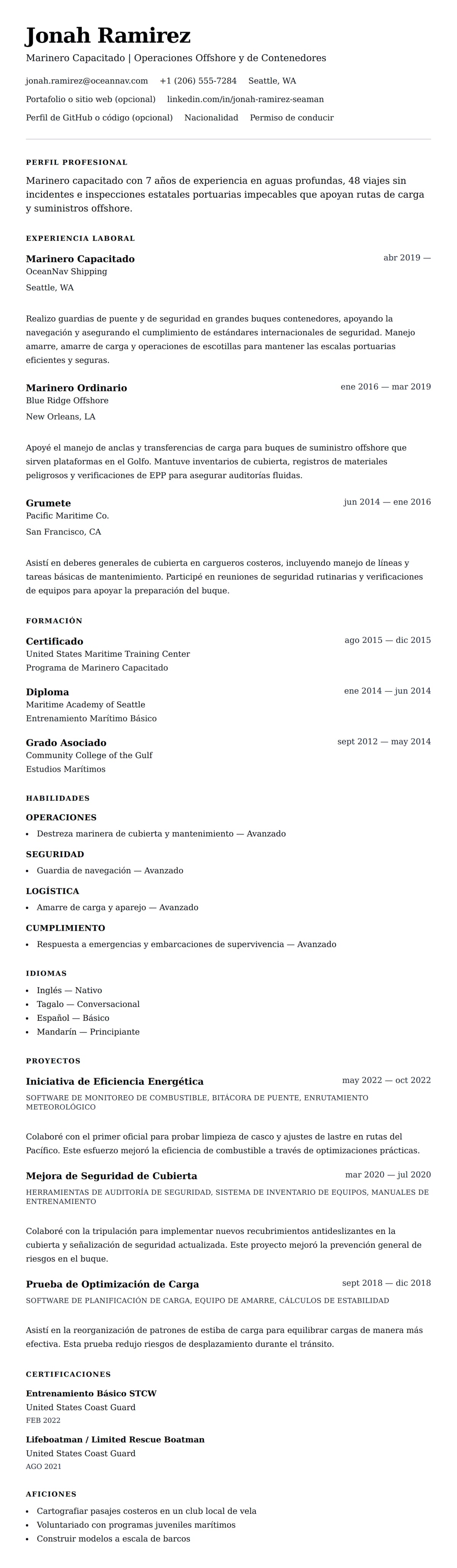 Vista previa del currículum Ejemplo de Currículum de Marinero