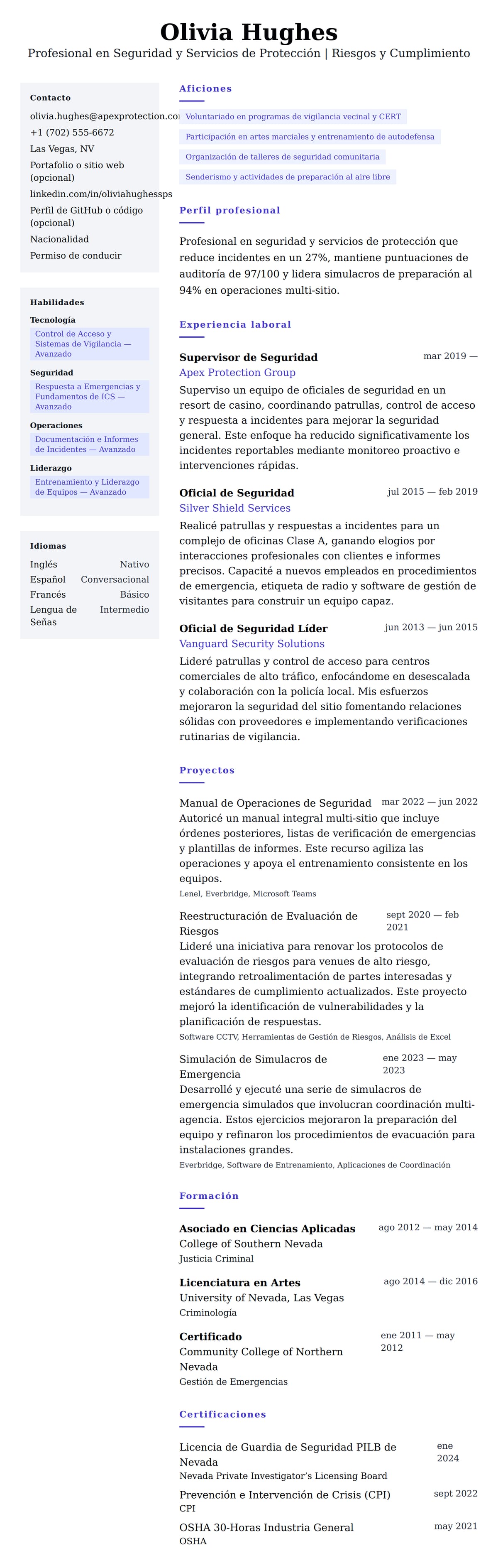 Vista previa del currículum Ejemplo de Currículum de Profesional en Seguridad y Servicios de Protección