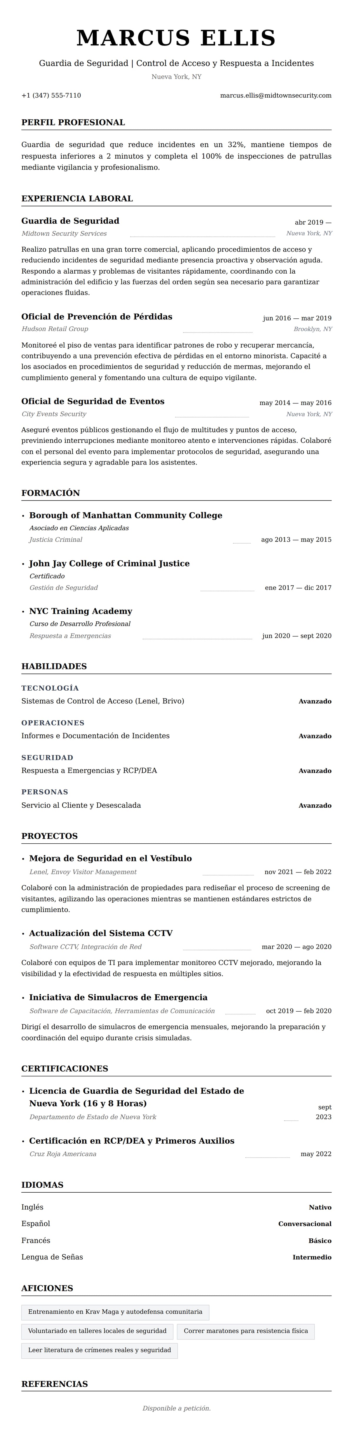 Vista previa del currículum Ejemplo de Currículum de Guardia de Seguridad