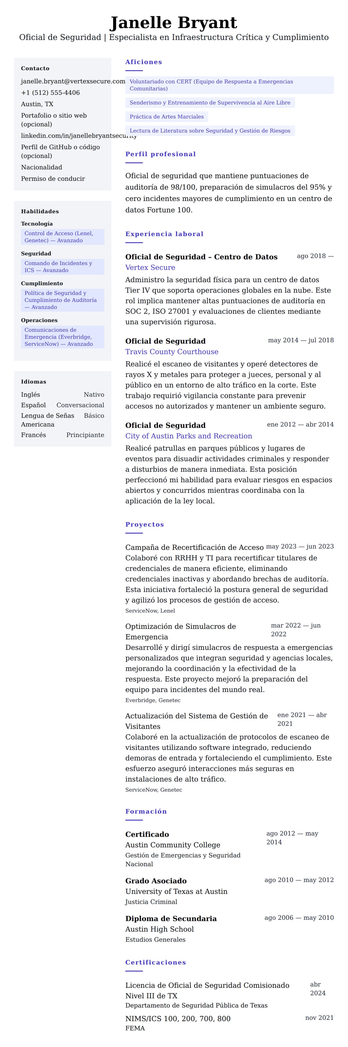 Vista previa del currículum Ejemplo de Currículum de Oficial de Seguridad