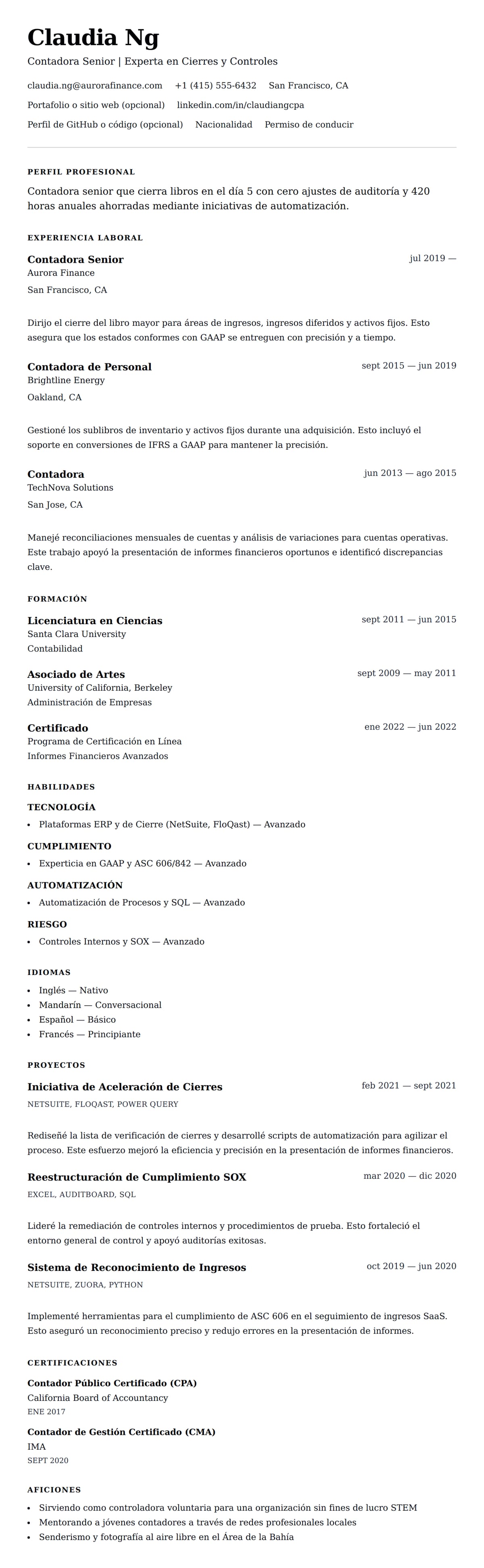 Vista previa del currículum Ejemplo de Currículum de Contador Senior